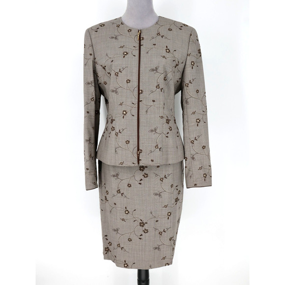 Escada Skirt Suit Womens 10 US 40 EU Wool Brown Ivory Floral Full Zip Silk Lined - Picture 1 of 16